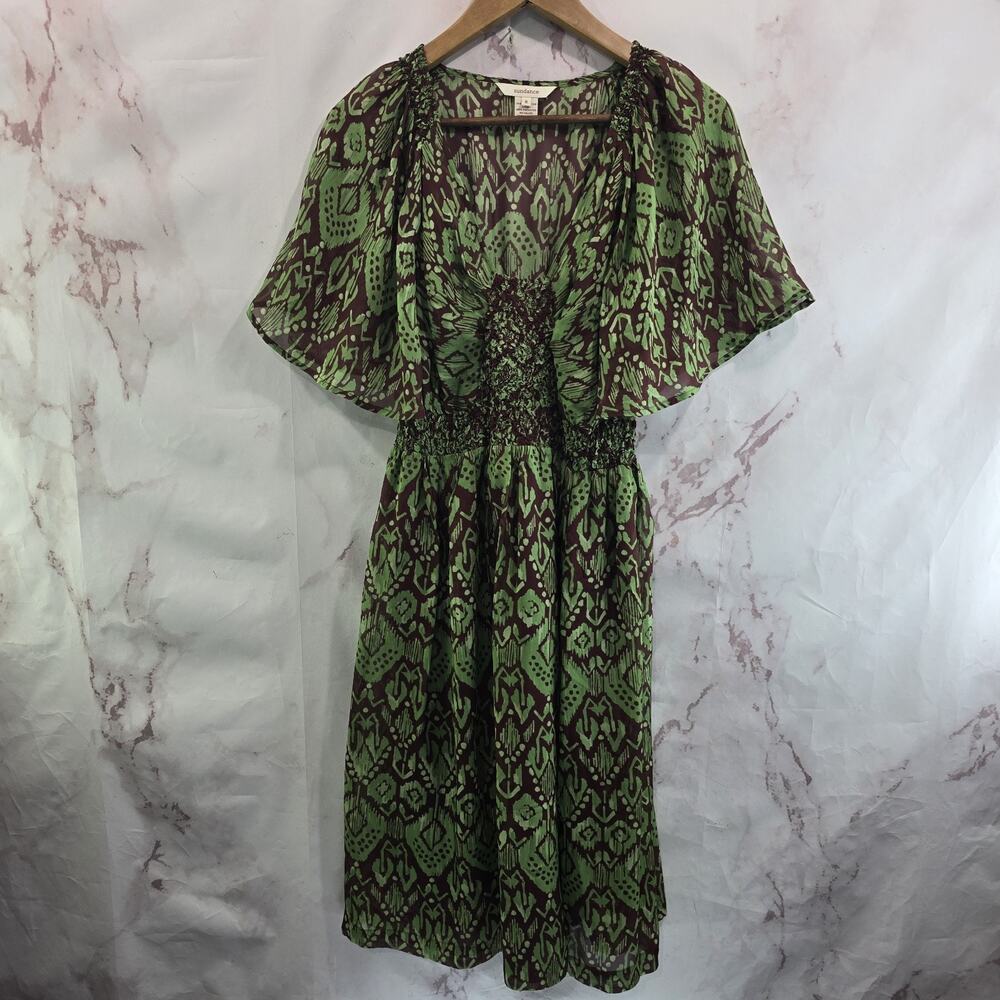 Sundance Dress Womens Medium 8 Silk Flutter Smocked Green Brown Pattern V